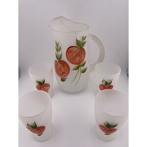 Tomato Juice Pitcher & 4 Glasses White Frosted Handpainted Vintage MCM